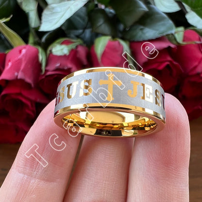 Tungsten Bible Cross Prayer Ring