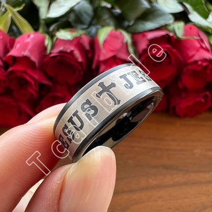 Tungsten Bible Cross Prayer Ring