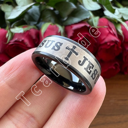 Tungsten Bible Cross Prayer Ring