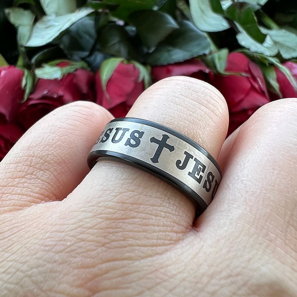 Tungsten Bible Cross Prayer Ring