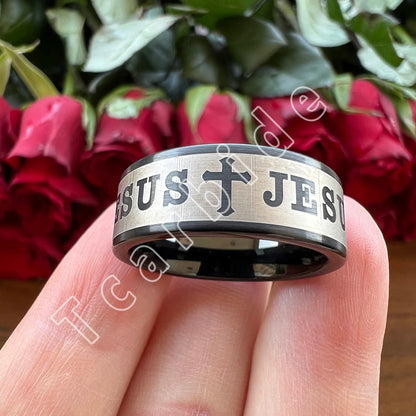 Tungsten Bible Cross Prayer Ring