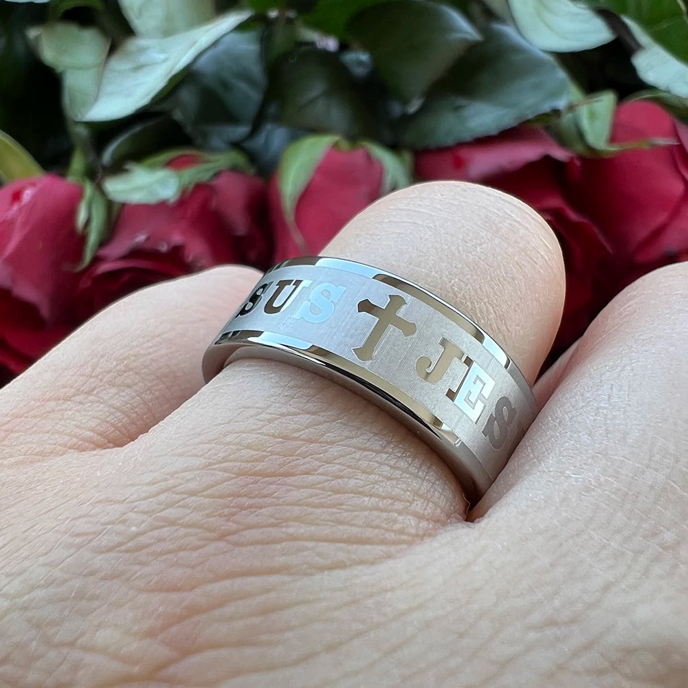 Tungsten Bible Cross Prayer Ring